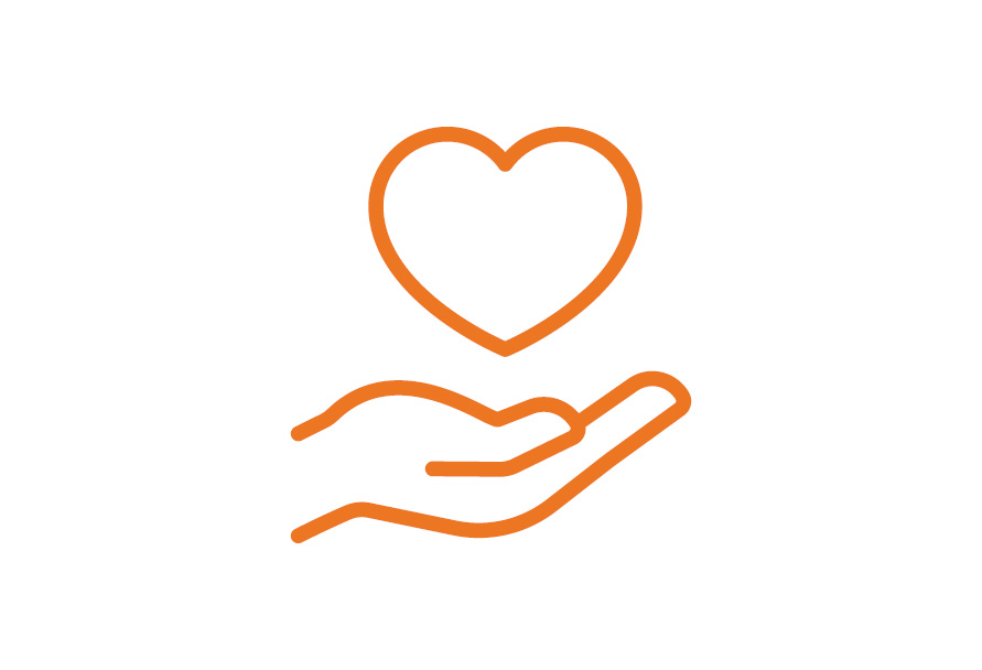 Orange icon with a hand and a heart