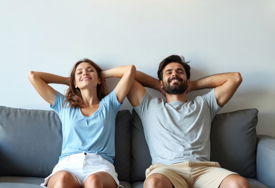 Two people sitting on a couch with their hands behind their heads and eyes closed